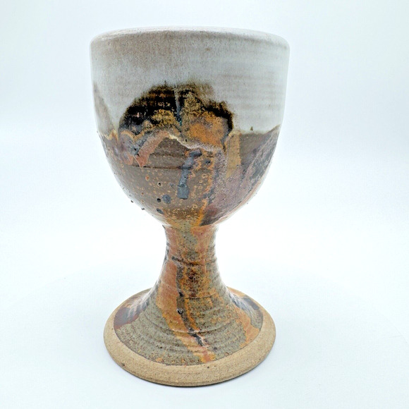 Studio Art Pottery Goblet Chalice Cup Textured Brown Gray Stoneware Signed #4 - Picture 1 of 11